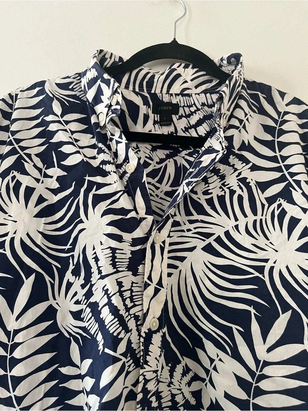 J Crew Navy Blue White Tropical Palm Print Large 100% Cotton Resort Vacation
